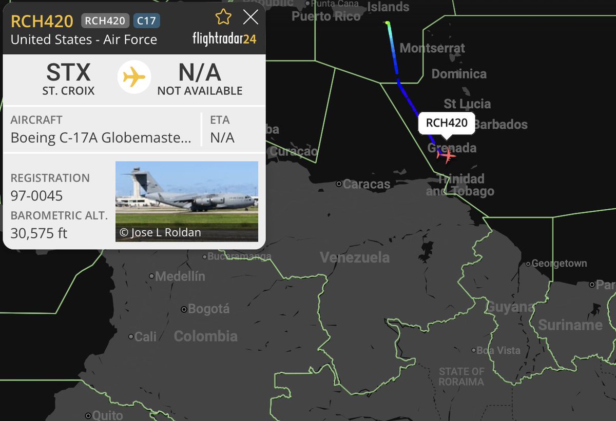 LatAmMilMVMTs's tweet photo. RCH240 out of St. Croix (STX/TISX) 🇻🇮 en route to Base Aérea de Campo Grande (CGR/SBCG) 🇧🇷.  

US logistics for its participation in exercise TÁPIO 2025 (h/t to @aero_in for the info).

RCH240 | 97-0045 | C-17A | #AE07F7 | USAF https://t.co/CbYCR1nH7b