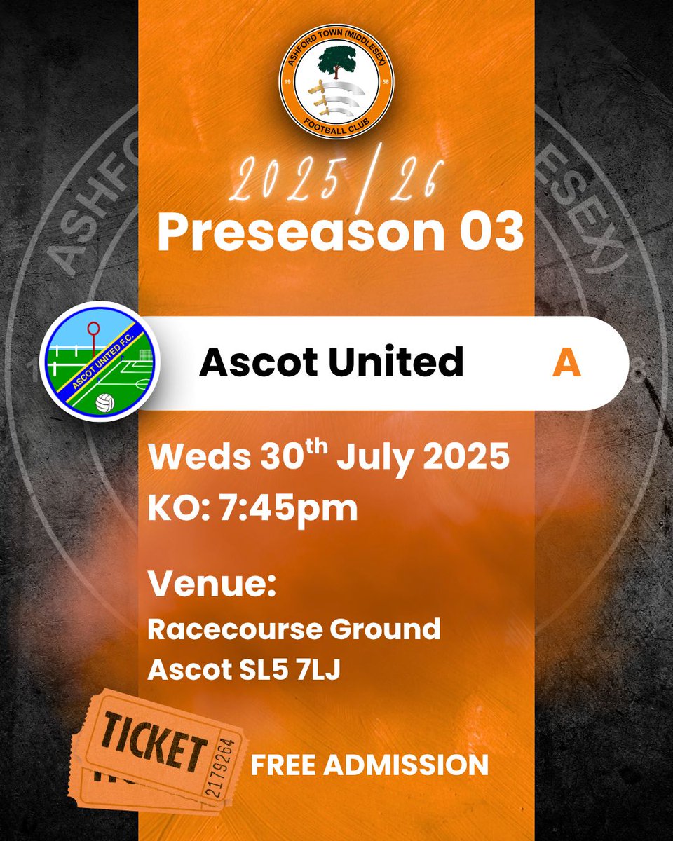 Ashford Town Women (@ashfordtownwfc) on Twitter photo NEXT UP โฉ Preseason 03
๐ <a href="/AscotWomenFC/">Ascot United Women & Girls FC</a>
๐
Wed 30 Jul 2025
๐ข KO 7:45pm
๐๏ธ Racecourse Ground SL5 7LJ
๐
ฟ๏ธ Car Parks 7 & 8
๐๏ธ Free Admission
๐ Hot food available
๐ณ Card payments only - NO CASH โ NEXT UP โฉ Preseason 03
๐ <a href="/AscotWomenFC/">Ascot United Women & Girls FC</a>
๐
Wed 30 Jul 2025
๐ข KO 7:45pm
๐๏ธ Racecourse Ground SL5 7LJ
๐
ฟ๏ธ Car Parks 7 & 8
๐๏ธ Free Admission
๐ Hot food available
๐ณ Card payments only - NO CASH โ