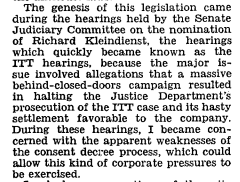And here's the Tunney Act's namesake, California Sen. John V. Tunney, on the antitrust law's origins, speaking on the Senate floor in December of 1974: