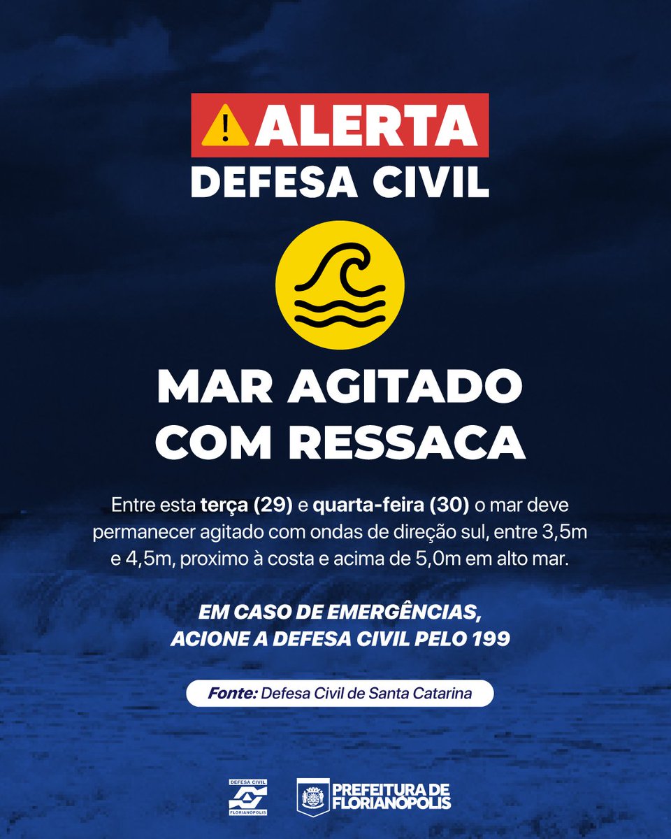🌊 Tá dando onda sim, mas não é hora de se jogar no mar.

A previsão é de ressaca forte, maré alta e ondas de até 4,5 metros perto da costa até quarta-feira (30).

Hoje (29), a maré deve subir entre 17h15 e 20h. 

⚠️Em caso de emergências, acione a Defesa Civil no 199.