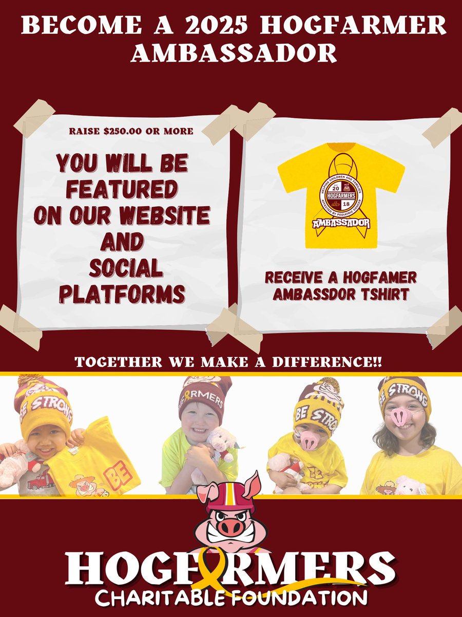 Join us in making a difference for children impacted by pediatric cancer by becoming a 2025 Hogfamer Ambassador. Start your own fundraising campaign, raise $250.00 or more. As a thank you, you will receive an Ambassador T-shirt and more.

hogfarmers.networkforgood.com/projects/24681…