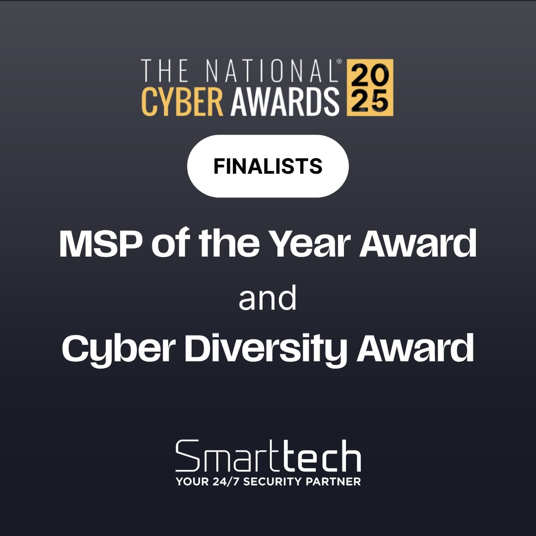 Good news alert! Smarttech247 are finalists for two categories at the 2025 National Cyber Awards:

➡️MSP of the Year Award
➡️Cyber Diversity Award

A big thank you to our team, customers and partners for making this possible. Keeping our fingers crossed for September 29th!