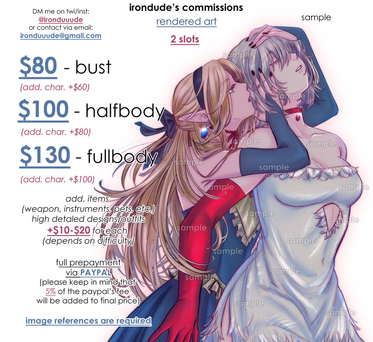 Hi everyone! 🐣
I urgently need some funds to pay for repairs after a flood in my apartment, so I'm opening c0mmissi0n sl0ts and I'm also opened for job offers! 🙏🥺
📧DM me or contact: ironduuude@gmail.com
RT's will be sooo appreciated! 🫶
More info on images 👇
#farcille