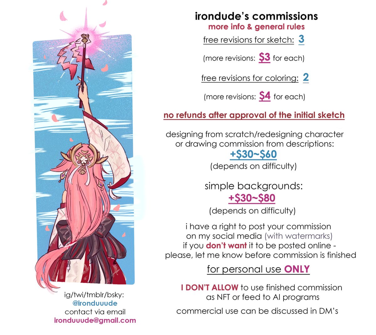 Hi everyone! 🐣
I urgently need some funds to pay for repairs after a flood in my apartment, so I’m opening c0mmissi0n sl0ts and I'm also opened for job offers! 🙏🥺
📧DM me or contact: ironduuude@gmail.com
RT's will be sooo appreciated! 🫶
More info on images 👇
#farcille