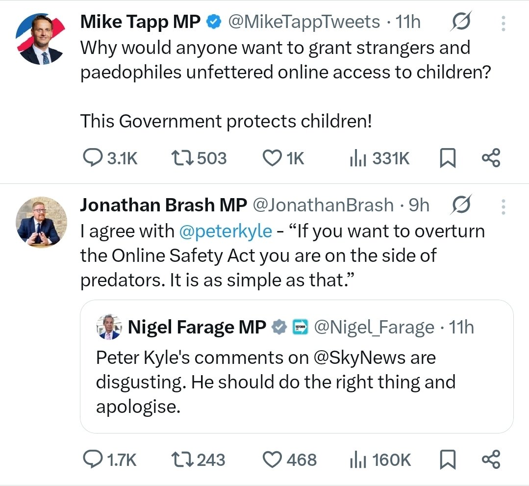Looks like someone's sent a memo amongst MP's to label anyone who doesn't agree with the OSA as being on the side of predators and pedo's. 

Pure gaslighting and nonsense.