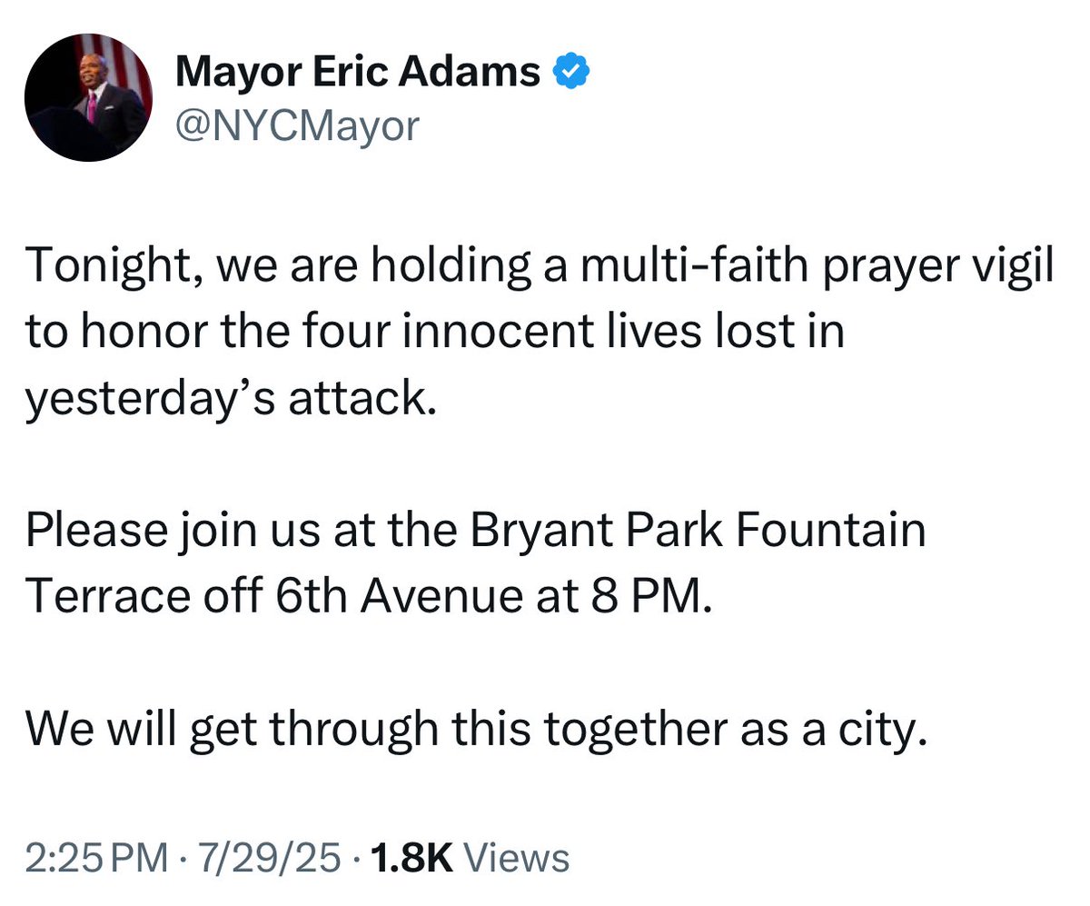 Eric Adams will be leading a vigil for the four innocent lives lost in yesterday’s attack.

Zohran Mamdani is currently at a luxury resort in Uganda.

Let that sink in.