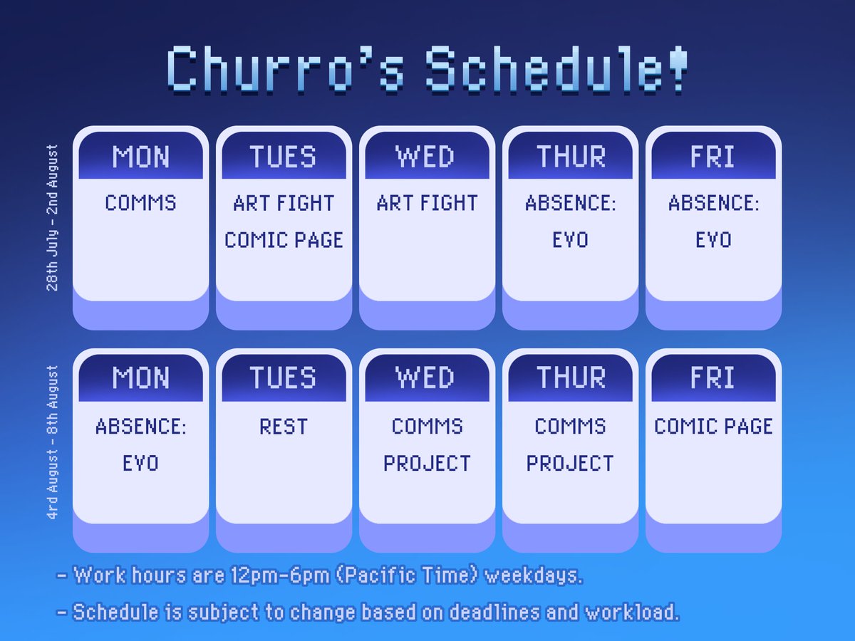 My schedule for the next two weeks:

I AM GOING TO EVO LAS VEGAS 2025!!!!!!!!!!!!!

For the next 2 days I will be wrapping up some last minute attacks in Art Fight while finishing a comic page.

I depart the 31st and return the 4th of August, from it I'll take some resting days.