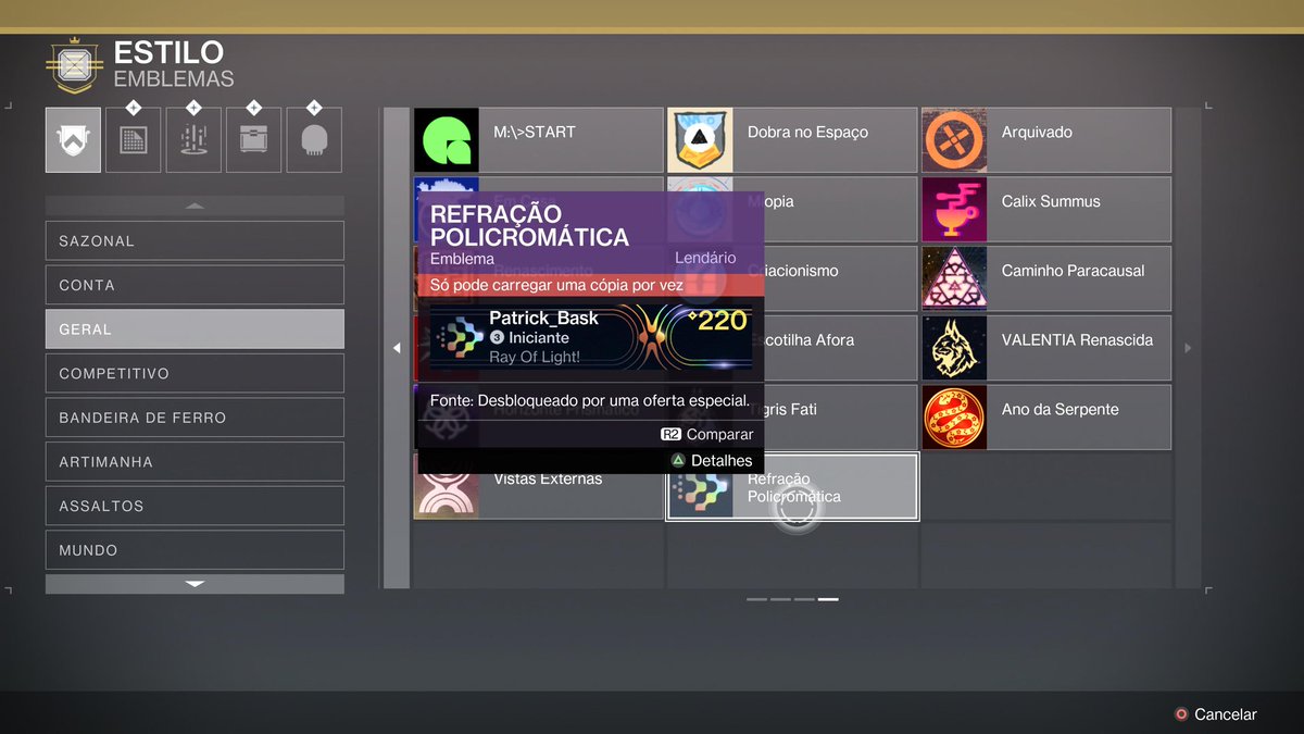 Fui um dos ganhadores do sorteio do emblema do <a href="/DestinyTheGame/">Destiny 2</a>.  Obrigado <a href="/gust1ny/">gustiny</a> pelo emblema FODA!!  Agora meu Titã vai ficar mais bonitão kkkkk.  Tmj 🔥
