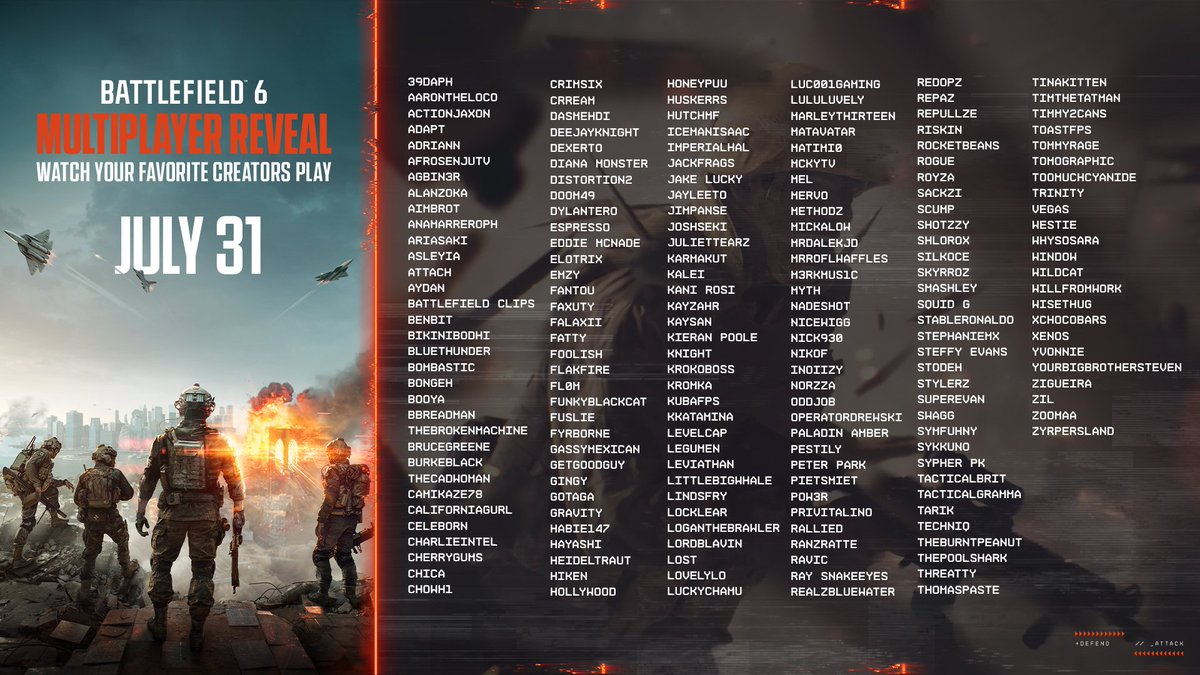 I don't know why EA deleted it, but here is full list of creators participating in marketing campaign of Battlefield 6 MP reveal
#Battlefield6