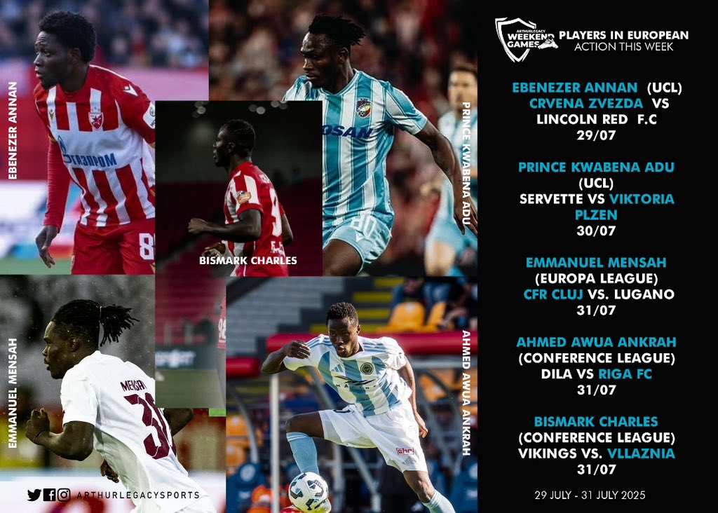 Step by step, the #LifeTransformationAgenda is becoming a reality.
What a joy to see Arthurlegacy players competing this week across all UEFA competitions — Champions League, Europa League, and Conference League.
From 🇬🇭 to the 🌍, the journey continues! Forza @arthurlegacy