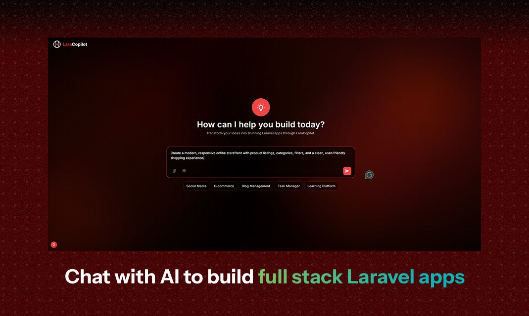 Built with Laravel. Built by Laravel lovers. Built for the Laravel community.

We just launched LaraCopilot live on Product Hunt.

Your one vote help us to go on top on launch window. 

Drop you upvotes, feedback. Try it out today. 

Support here - producthunt.com/products/larac…