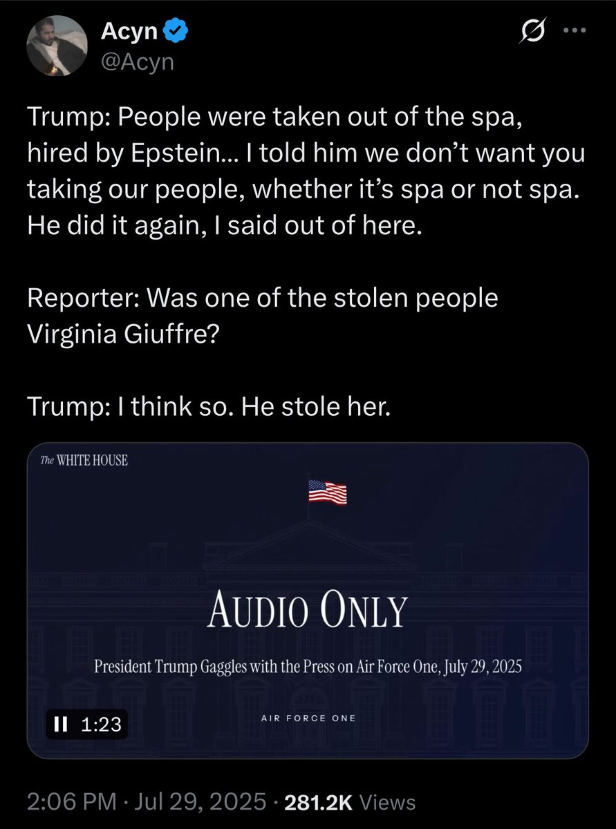 Breaking: Trump says he broke with Epstein because Epstein "stole" Virginia Giuffre away from him

As usual, Trump has no idea he just made Trumpstein 1000x worse