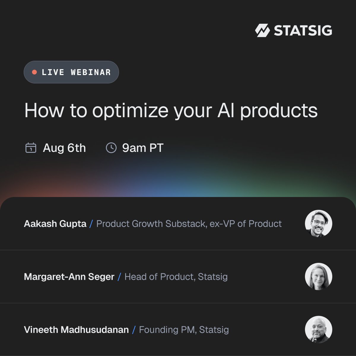 Statsig (@statsig) on Twitter photo Webinar Alert: Our product leaders are excited to collaborate with <a href="/aakashg0/">Aakash Gupta</a> (Product Growth Substack) for this one!
We’ll share what we’re learning from working closely with leading AI companies, while our special guest brings valuable insights from his conversations with Webinar Alert: Our product leaders are excited to collaborate with <a href="/aakashg0/">Aakash Gupta</a> (Product Growth Substack) for this one!
We’ll share what we’re learning from working closely with leading AI companies, while our special guest brings valuable insights from his conversations with