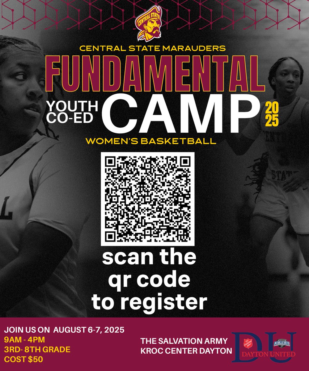 Did you forget to sign-up? No worries, there's still time to join the CSU WBB Camp at the Kroc Center in Dayton! ⛹🏽‍♀️🤾🏽‍♀️

📌Aug. 6-7 |🕘 9am-4pm
🎽 Girls and Boys |📍Kroc Center Dayton
💲50.00 (check/cash) | taking all walk-ups
#GoMarauders #CentralSate87  #FutureMarauders  #Dayton