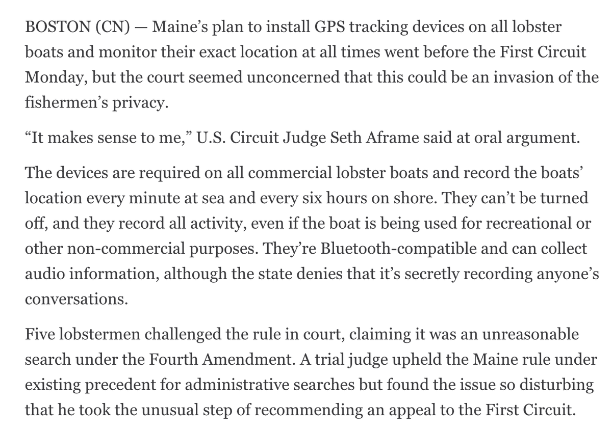 Orin Kerr (@orinkerr) on Twitter photo Oral argument in the First Circuit on whether requiring lobstermen to install GPS devices violates the 4th Amendment appears to go well for the state, via <a href="/JohnWesleyHall/">John Wesley Hall</a>. (See link at bottom to district court ruling.)
courthousenews.com/first-circuit-… Oral argument in the First Circuit on whether requiring lobstermen to install GPS devices violates the 4th Amendment appears to go well for the state, via <a href="/JohnWesleyHall/">John Wesley Hall</a>. (See link at bottom to district court ruling.)
courthousenews.com/first-circuit-…