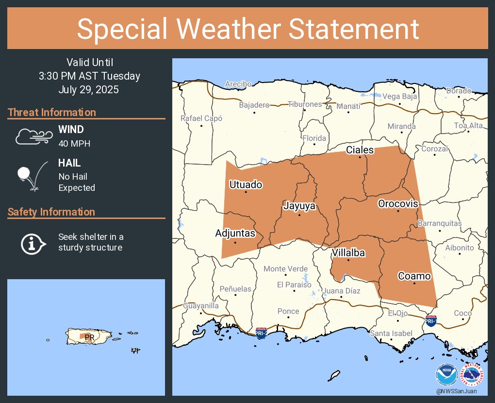 A special weather statement has been issued for Coamo PR, Utuado PR and  Adjuntas PR until 3:30 PM AST