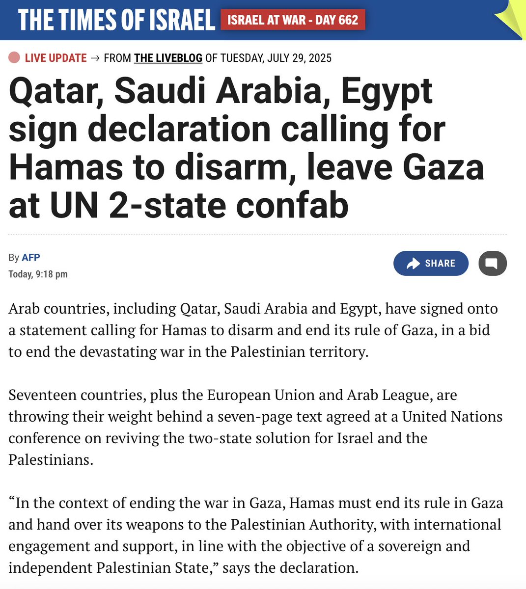 UNPRECEDENTED: Qatar, Saudi Arabia and Egypt have signed onto a statement calling for Hamas to disarm and end its rule of Gaza.

“In the context of ending the war in Gaza, Hamas must end its rule in Gaza and hand over its weapons."