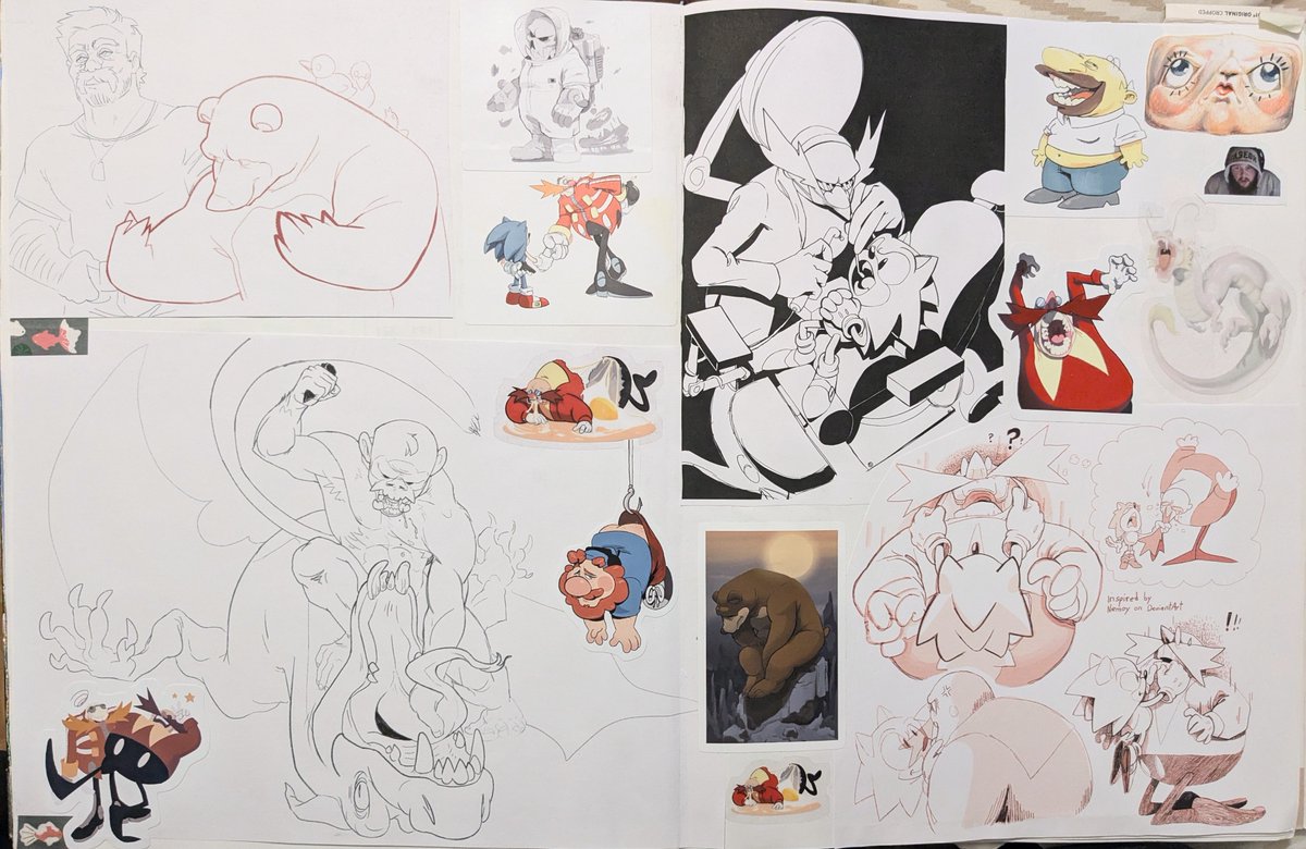Sketchbook page full of digital drawings and stickers