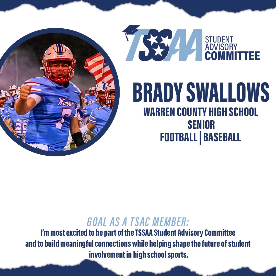 📚TSAC Member Spotlight📚

Meet Brady Swallows! A Warren County High School student-athlete serving on this year's Student Advisory Committee!