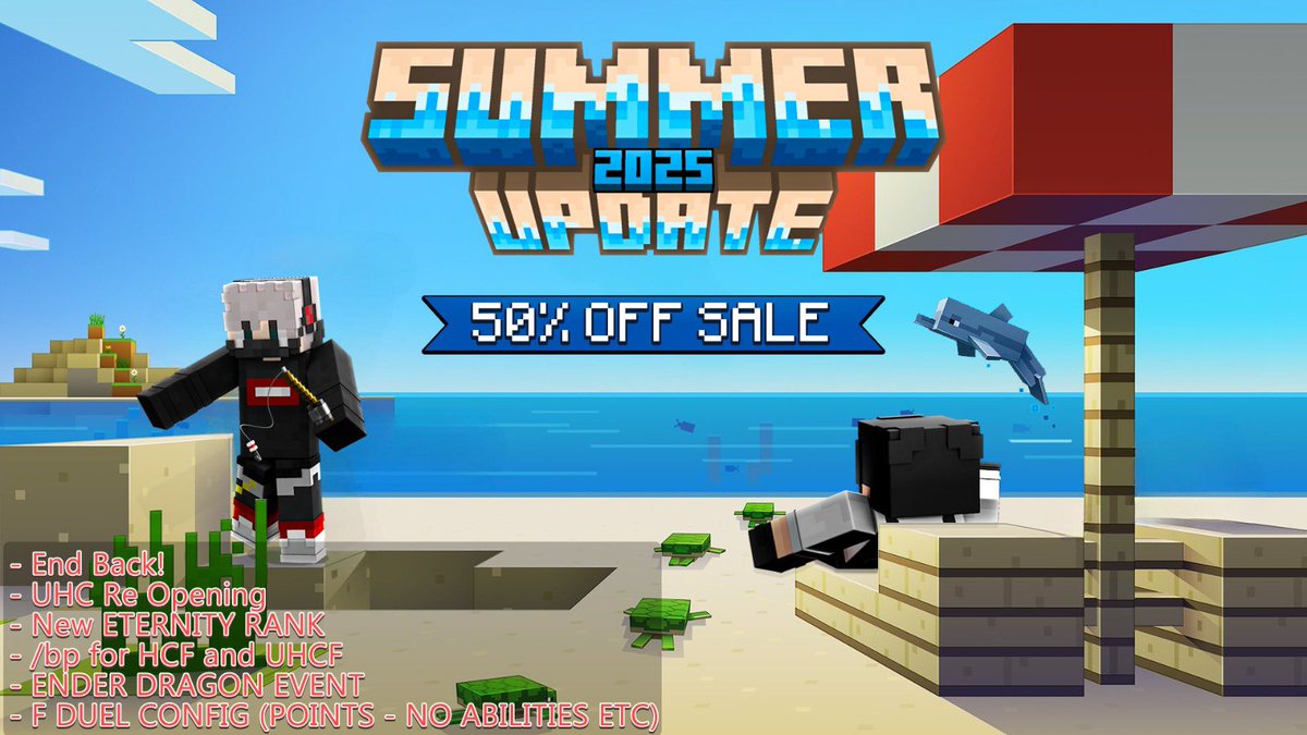 InfinityHCF's tweet image. InfinityMCPE | Summer 2025 Update 🌊🌴🦀

Estamos felices de anunciarles nuestra nueva update la cual trae novedades y 50% en TODA NUESTRA TIENDA!

- New Rank Eternity 
- EnderDragon Event &amp;amp; End
- F DUEL SETTINGS
❤️&amp;amp;♻️ para participar en el sorteo