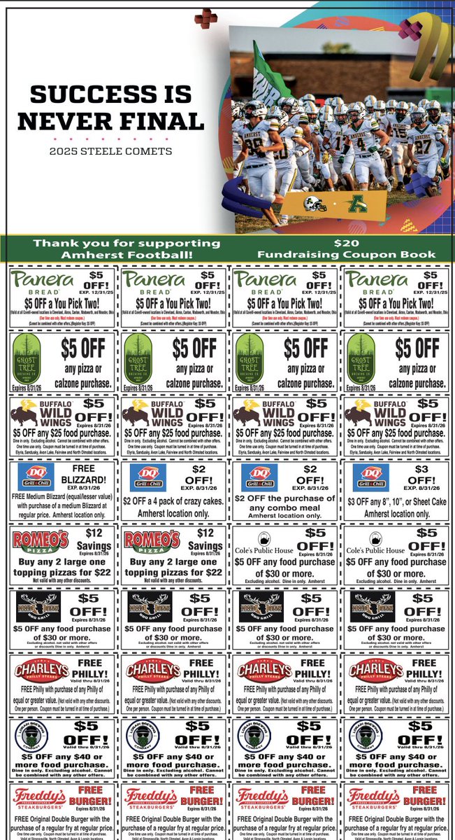 Amherst Football (@amherstfootball) on Twitter photo Amherst Comet Football is starting our Winning Edge Coupon Fundraiser, DM or find your Favorite Comet!! Tons of deals for 20!!#PCE <a href="/SteeleComets/">Steele Athletics</a> <a href="/AmherstQb/">Amherst Quarterback Club</a> <a href="/CoachTThome/">Tom Thome Jr</a> Amherst Comet Football is starting our Winning Edge Coupon Fundraiser, DM or find your Favorite Comet!! Tons of deals for 20!!#PCE <a href="/SteeleComets/">Steele Athletics</a> <a href="/AmherstQb/">Amherst Quarterback Club</a> <a href="/CoachTThome/">Tom Thome Jr</a>