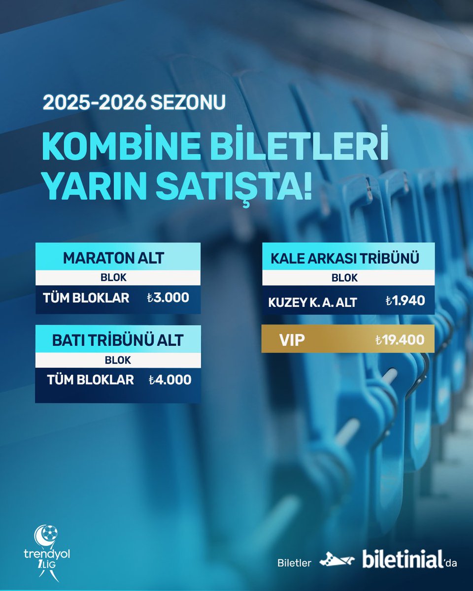 2025-2026 Sezonunda Yeni Adana Stadyumu’nda oynayacağımız tüm resmi müsabakalarda geçerli olacak kombinelerimizin satışı yarın saat 13:00’de başlayacaktır.

Kombine almak isteyen taraftarlarımız; BiletiniAl resmi internet sitesinden, gişelerden ve mobil uygulama üzerinden