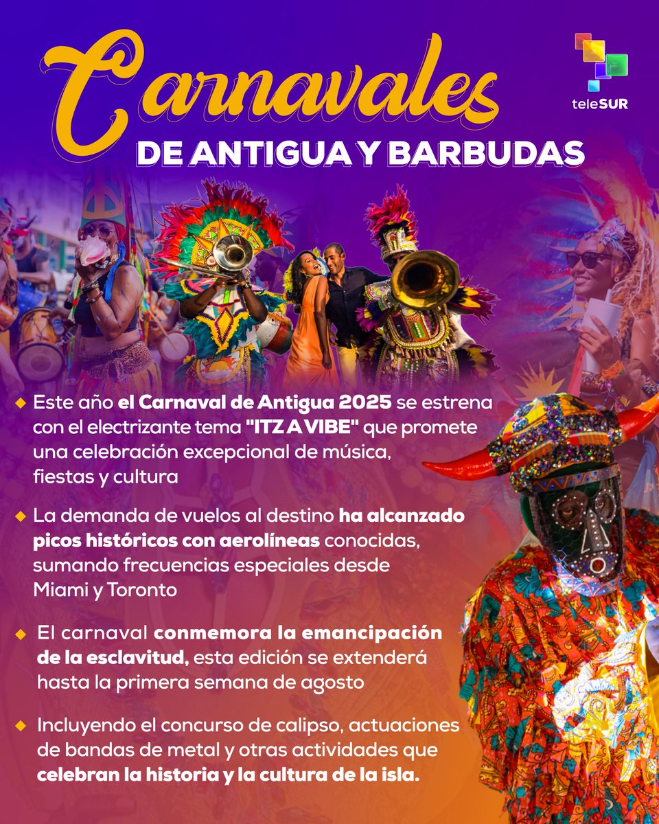 🎊 El Carnaval de Antigua se describe a menudo como el mayor festival de verano del #Caribe. Con una explosión de talento artístico y cultural, música, bandas de acero y calipso. Se celebra durante la última semana de julio y culmina el primer lunes y martes de agosto.🥳🎭🇦🇬🥁