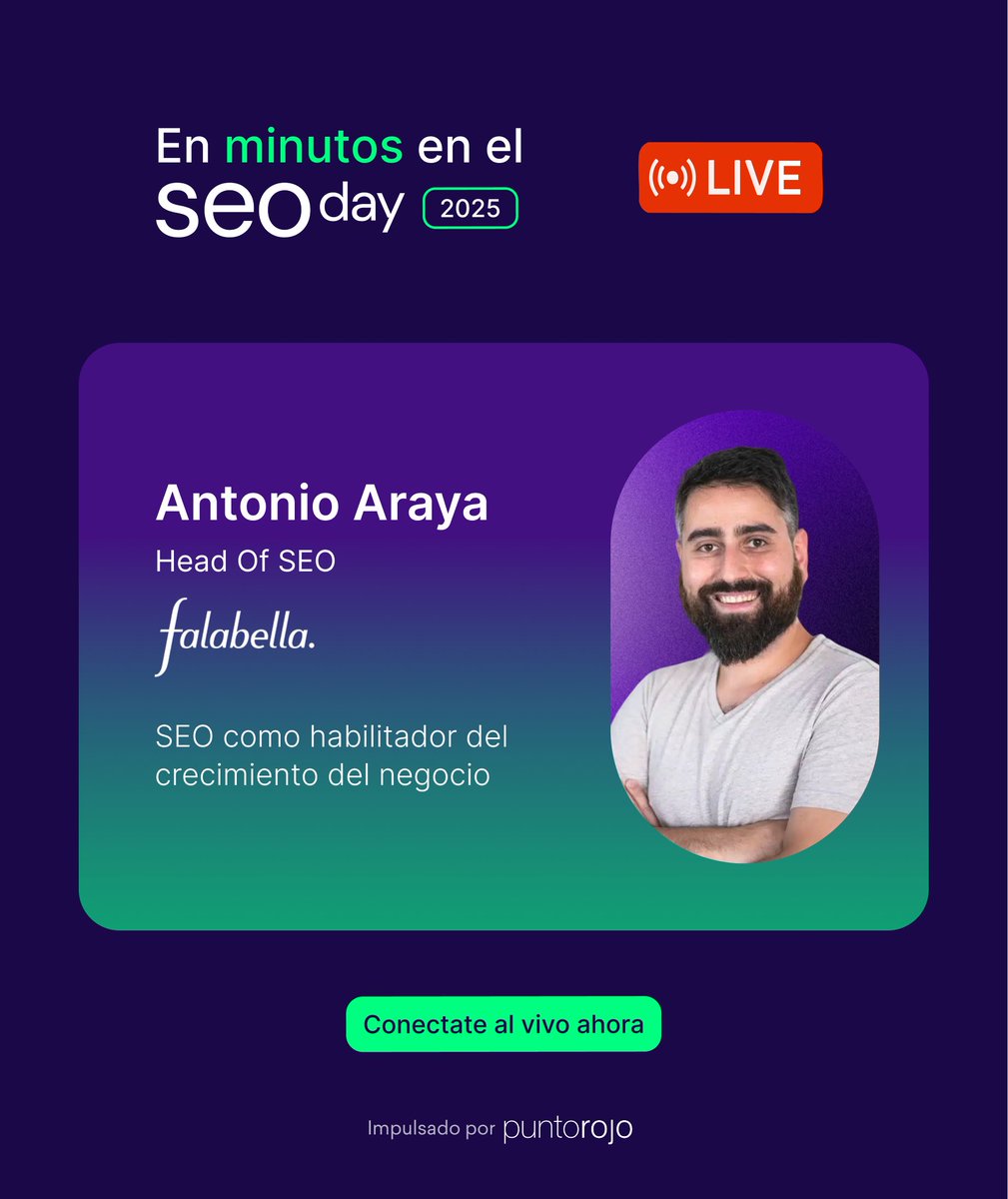 En minutos comienza la charla de Antonio Araya, Head of #SEO en Falabella.
 
📣 Cómo el #SEO puede convertirse en un habilitador del crecimiento del negocio

Sumate ahora y viví el hashtag#SEOday en vivo.
lnkd.in/dywivcKK