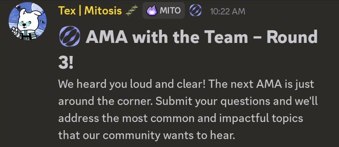 Get ready to have your questions answered!

<a href="/MitosisOrg/">Mitosis</a> is hosting a 30minute AMA this Friday on their Discord channel.

The event takes place on August 1st, and you can submit your questions in advance make them clear, short, and memorable.

Join the Mitosis Discord on August