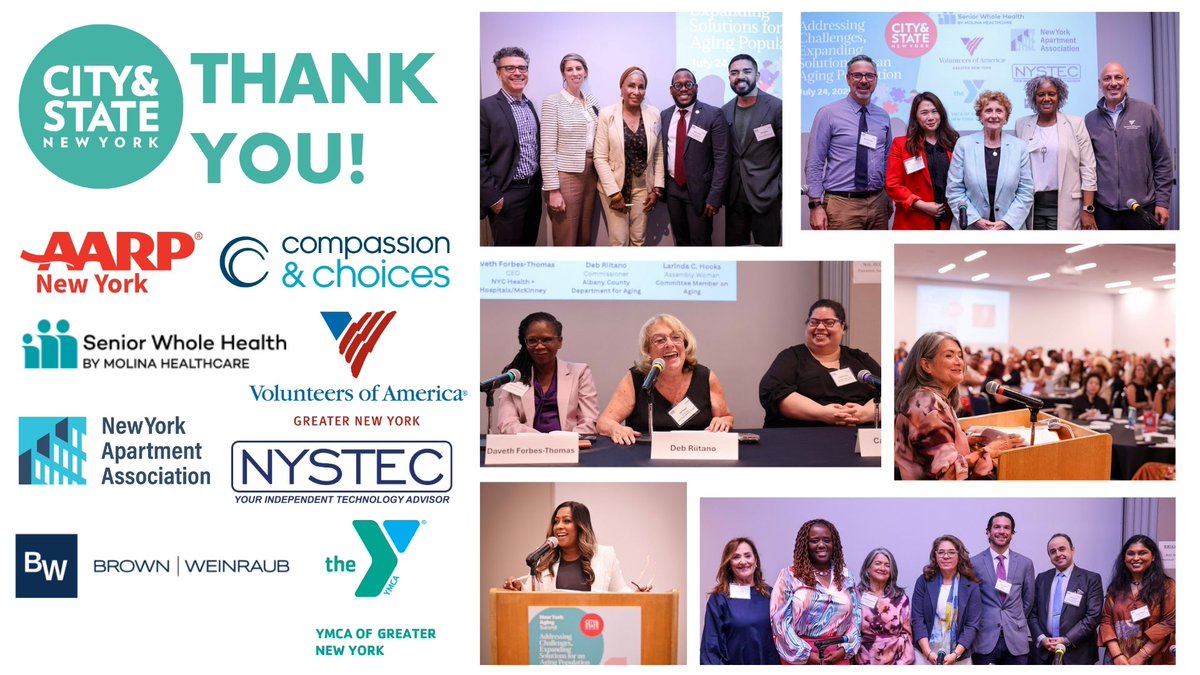City & State Events (@csny_events) on Twitter photo Thank you to our incredible sponsors, expert panelists, and engaged attendees for joining us at the 2025 NY Aging Summit! We appreciate your commitment to this important conversation👏
<a href="/AARPNY/">aarpny</a> <a href="/CompAndChoices/">Compassion & Choices</a> <a href="/molinahealth/">Molina Healthcare</a> <a href="/VOAgny/">Volunteers of America-Greater New York</a> <a href="/housingny/">Housing New York</a> <a href="/NYSTEC/">NYSTEC</a> <a href="/brown_weinraub/">Brown & Weinraub Advisors</a> <a href="/ymcanyc/">YMCA of Greater New York</a> Thank you to our incredible sponsors, expert panelists, and engaged attendees for joining us at the 2025 NY Aging Summit! We appreciate your commitment to this important conversation👏
<a href="/AARPNY/">aarpny</a> <a href="/CompAndChoices/">Compassion & Choices</a> <a href="/molinahealth/">Molina Healthcare</a> <a href="/VOAgny/">Volunteers of America-Greater New York</a> <a href="/housingny/">Housing New York</a> <a href="/NYSTEC/">NYSTEC</a> <a href="/brown_weinraub/">Brown & Weinraub Advisors</a> <a href="/ymcanyc/">YMCA of Greater New York</a>