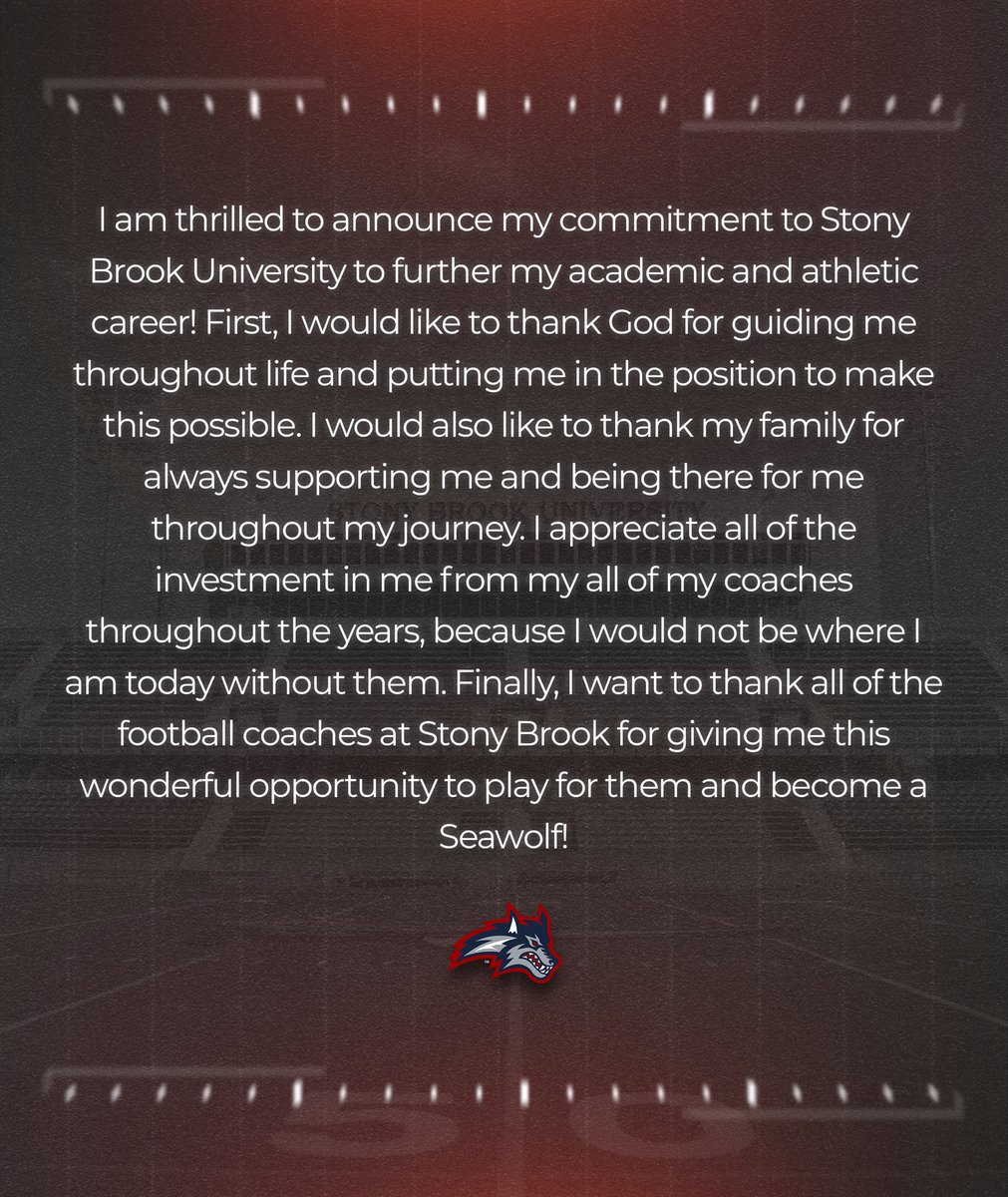 Lance Mahon (@lancemahon2026) on Twitter photo Blessed to announce my commitment to Stony Brook!
<a href="/StonyBrookFB/">Stony Brook Football</a> <a href="/CoachBCosh/">Billy Cosh</a> <a href="/CoachAdamLovan/">Adam Lovan</a> <a href="/CoachMartinoSBU/">Steven Martino</a>
<a href="/coach_spinnato/">Coach Spinnato</a> <a href="/CRHFootball/">Choate Rosemary Hall Football 🐗</a> Blessed to announce my commitment to Stony Brook!
<a href="/StonyBrookFB/">Stony Brook Football</a> <a href="/CoachBCosh/">Billy Cosh</a> <a href="/CoachAdamLovan/">Adam Lovan</a> <a href="/CoachMartinoSBU/">Steven Martino</a>
<a href="/coach_spinnato/">Coach Spinnato</a> <a href="/CRHFootball/">Choate Rosemary Hall Football 🐗</a>