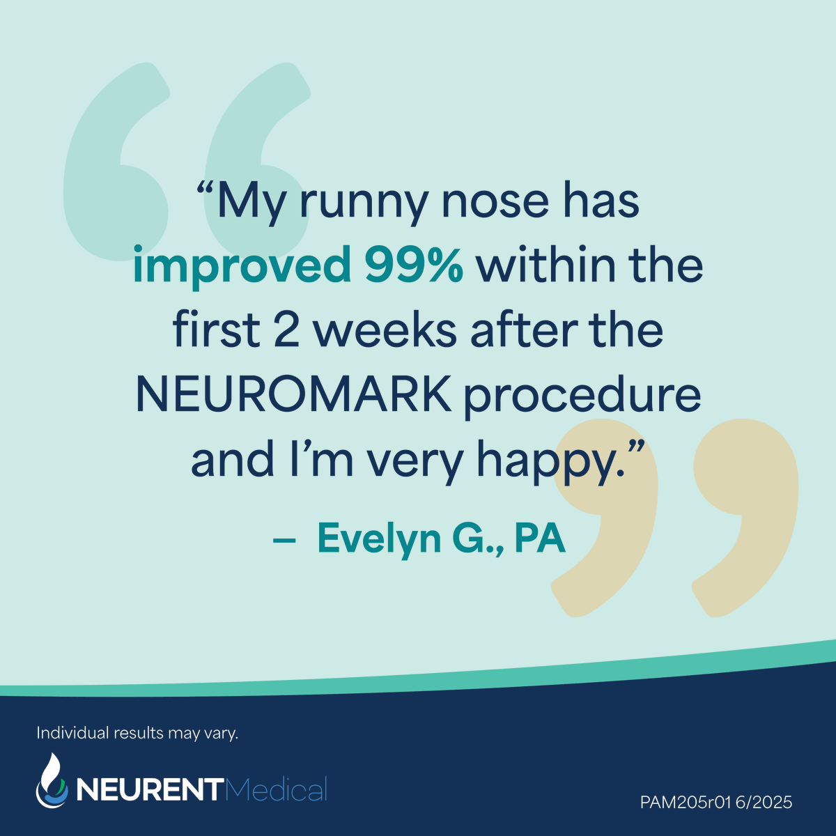 Just two weeks after the NEUROMARK procedure, Evelyn reported a 99% improvement in her constant runny nose: no more sprays, no more tissues, and no more embarrassment when dining out.* 

Learn more at bit.ly/PTSpotlightLim….

*Individual results may vary. See IFU.