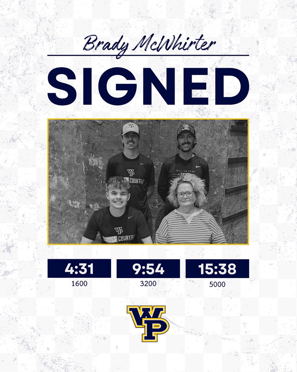 𝐖𝐞𝐥𝐜𝐨𝐦𝐞 𝐭𝐨 𝐭𝐡𝐞 𝐅𝐚𝐦𝐢𝐥𝐲, 𝐁𝐫𝐚𝐝𝐲!

Brady McWhirter 
Indian Hills CC
Distance

#PENNextUp #WPUXCTFamily