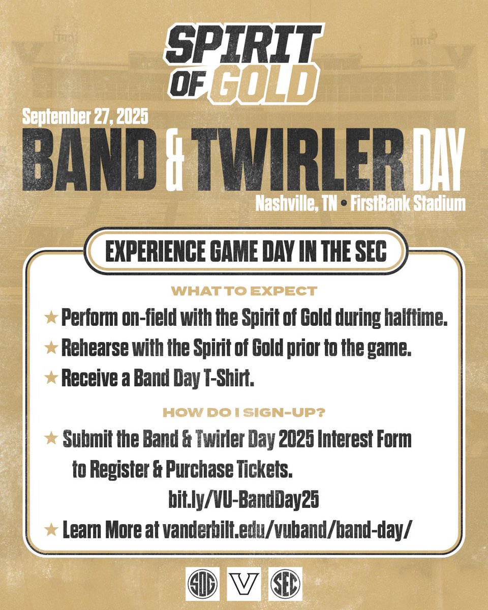 Vanderbilt Marching & Athletic Bands (@vandybands) on Twitter photo Don't miss your opportunity to march alongside the Vanderbilt Spirit of Gold during our annual Band & Twirler Day on September 27 vs Utah State!
Sign-Up ➡️ bit.ly/VU-BandDay25
More Info ➡️ vanderbilt.edu/vuband/band-da…
#AnchorDown #SOGILTB
<a href="/vucommodores/">Vanderbilt Athletics</a> <a href="/VanderbiltU/">Vanderbilt University</a> Don't miss your opportunity to march alongside the Vanderbilt Spirit of Gold during our annual Band & Twirler Day on September 27 vs Utah State!
Sign-Up ➡️ bit.ly/VU-BandDay25
More Info ➡️ vanderbilt.edu/vuband/band-da…
#AnchorDown #SOGILTB
<a href="/vucommodores/">Vanderbilt Athletics</a> <a href="/VanderbiltU/">Vanderbilt University</a>