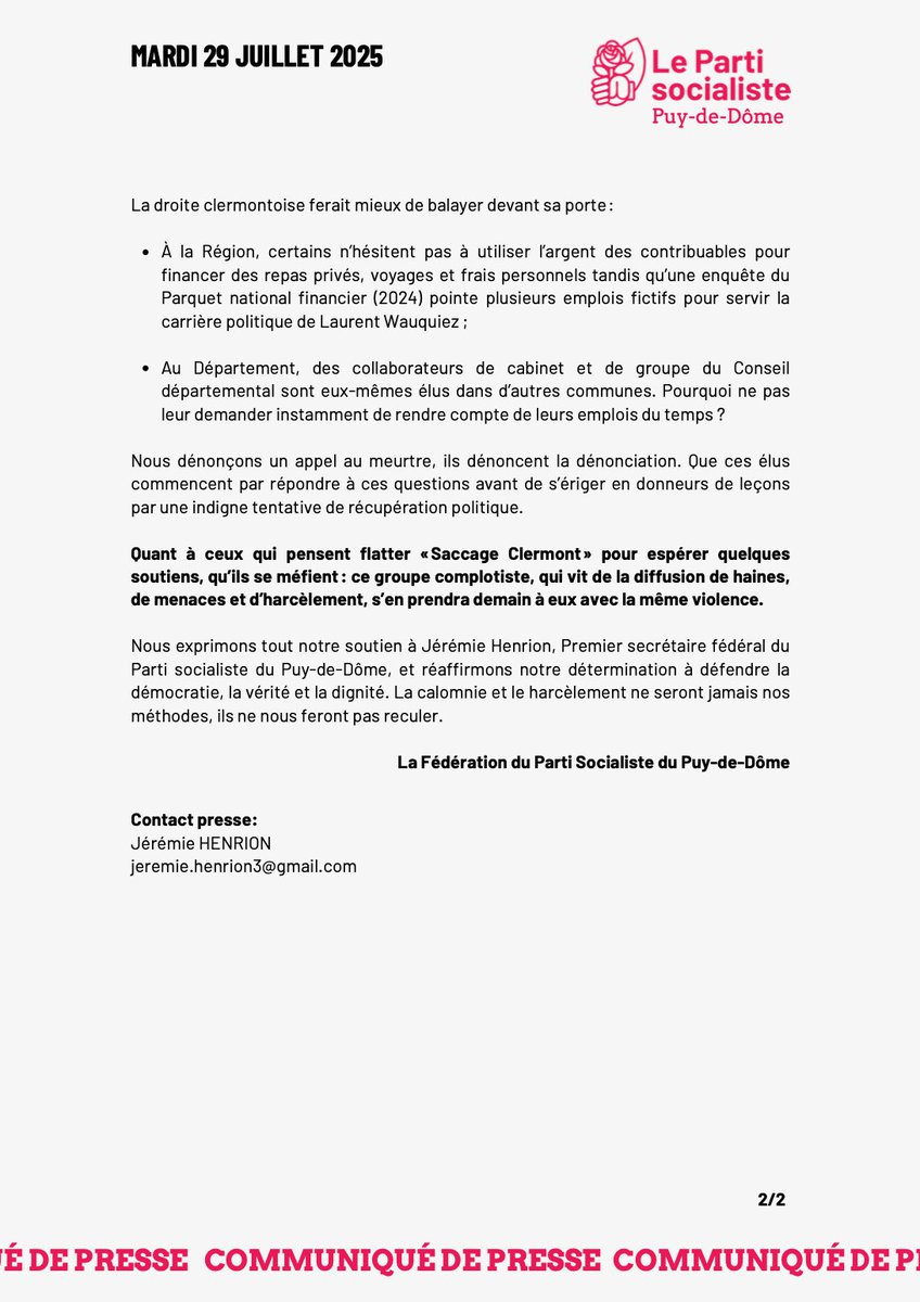 pspuydedome's tweet photo. 🚨 Assez du complotisme et du harcèlement.
Le PS Puy-de-Dôme dénonce la campagne orchestrée par la droite clermontoise et Saccage Clermont contre @JeremieHenrion, coupable d’avoir défendu nos élus face à un appel au meurtre.
✊ Nous ne reculeront pas. https://t.co/xIxaFPl4Oq