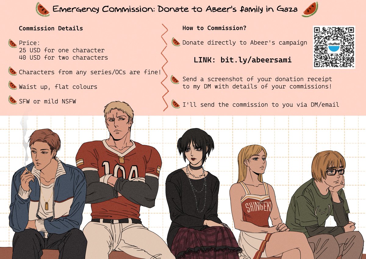 Hi everyone! I made a new comm sheet to fundraise for Abeer in G-za, I really appreciate it if you could share it 🥹🫶. Link and details in the next tweet!