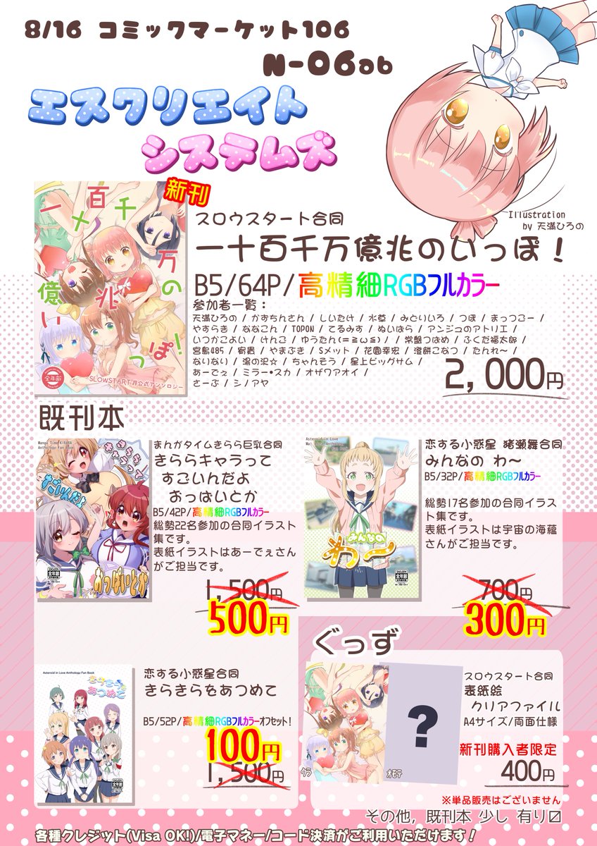 コミックマーケット106のおしながきです。
きらら系スロウスタートの合同がでます！
当日は東7 N-06ab (2スペース)でお待ちもちもちしております❣❣一日目です‼️
既刊本は大幅値引きでセールしておりますので、この機会に買っていってやってください⤴️