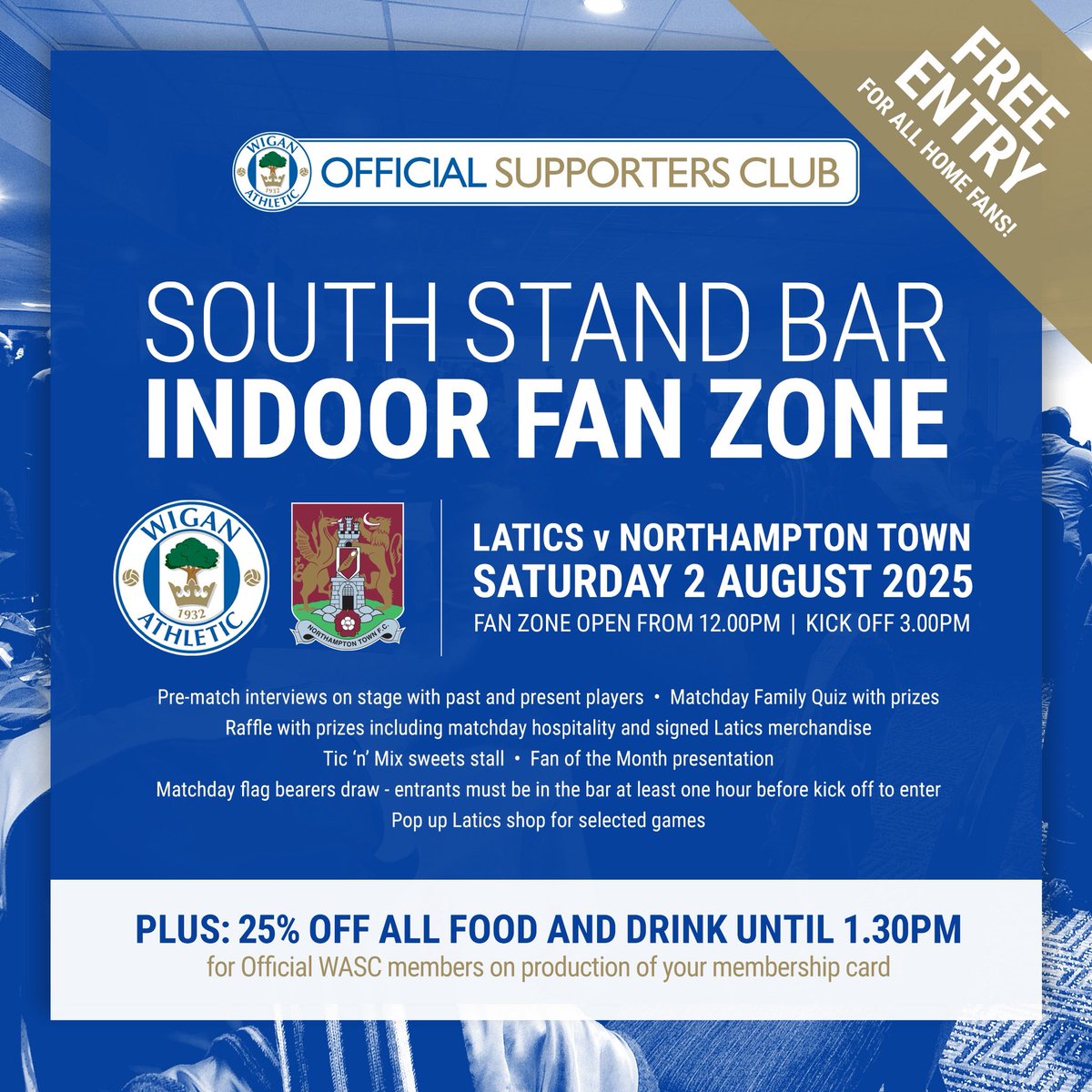 Official Wigan Athletic Supporters Club (@wiganathsc) on Twitter photo Weโre back in the South Stand Bar this Saturday!
Lots going on for all fans!
Live quiz from 1.30pm, prize raffle and player interviews on stage with <a href="/WorthingtonBaz/">Barry Worthington</a>
The brand new <a href="/WAFCHeritage/">Wigan Athletic Heritage Project</a> programme will be on sale - only 100 copies available!
Join us from 12pm #wafc Weโre back in the South Stand Bar this Saturday!
Lots going on for all fans!
Live quiz from 1.30pm, prize raffle and player interviews on stage with <a href="/WorthingtonBaz/">Barry Worthington</a>
The brand new <a href="/WAFCHeritage/">Wigan Athletic Heritage Project</a> programme will be on sale - only 100 copies available!
Join us from 12pm #wafc