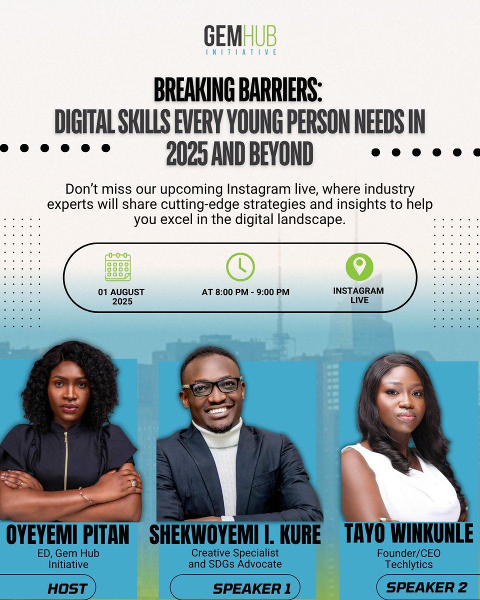 GemHubInitiative (@gem_initiative) on Twitter photo Commemorating #WorldPopulationDay2025
Topic: Breaking Barriers: Digital Skills Every Young Person Needs in 2025 & Beyond
🗓️ Aug 1 | ⏰ 8PM
🎙️ Host: @oye_pitan1
👥 Speakers: <a href="/reallovekure/">Amb. Shekwoyemi I. Kure 🇳🇬</a> & <a href="/tayowinkunle/">Oluwatayo Winkunle</a>
📍 Instagram Live
@gemhubinitiative_
#YouthEmpowerment #DigitalSkills Commemorating #WorldPopulationDay2025
Topic: Breaking Barriers: Digital Skills Every Young Person Needs in 2025 & Beyond
🗓️ Aug 1 | ⏰ 8PM
🎙️ Host: @oye_pitan1
👥 Speakers: <a href="/reallovekure/">Amb. Shekwoyemi I. Kure 🇳🇬</a> & <a href="/tayowinkunle/">Oluwatayo Winkunle</a>
📍 Instagram Live
@gemhubinitiative_
#YouthEmpowerment #DigitalSkills