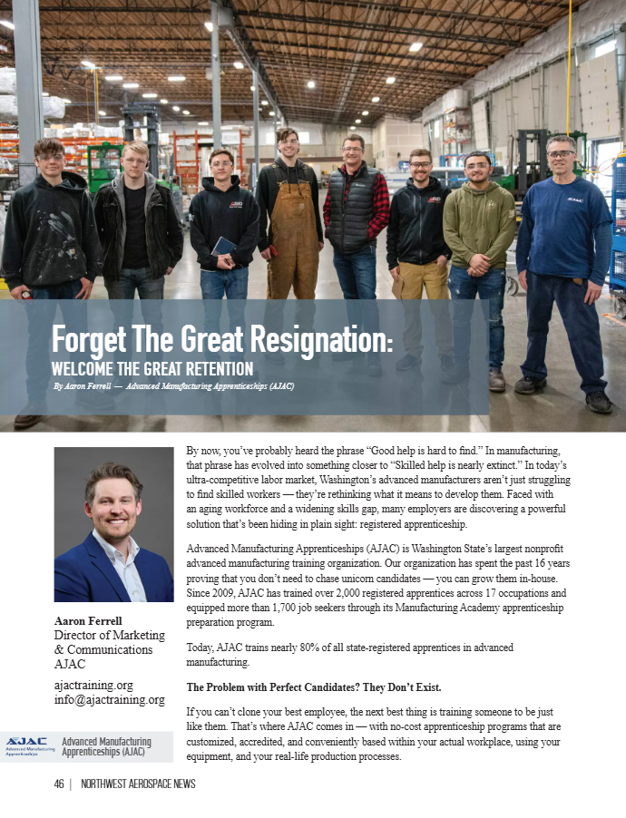 Skilled help isn’t extinct. You just have to grow it.

In the latest issue of NW Aerospace News Magazine, AJAC explores how companies across Washington State are shifting from talent acquisition to talent development through registered apprenticeship.

👉 joom.ag/7twd/p46