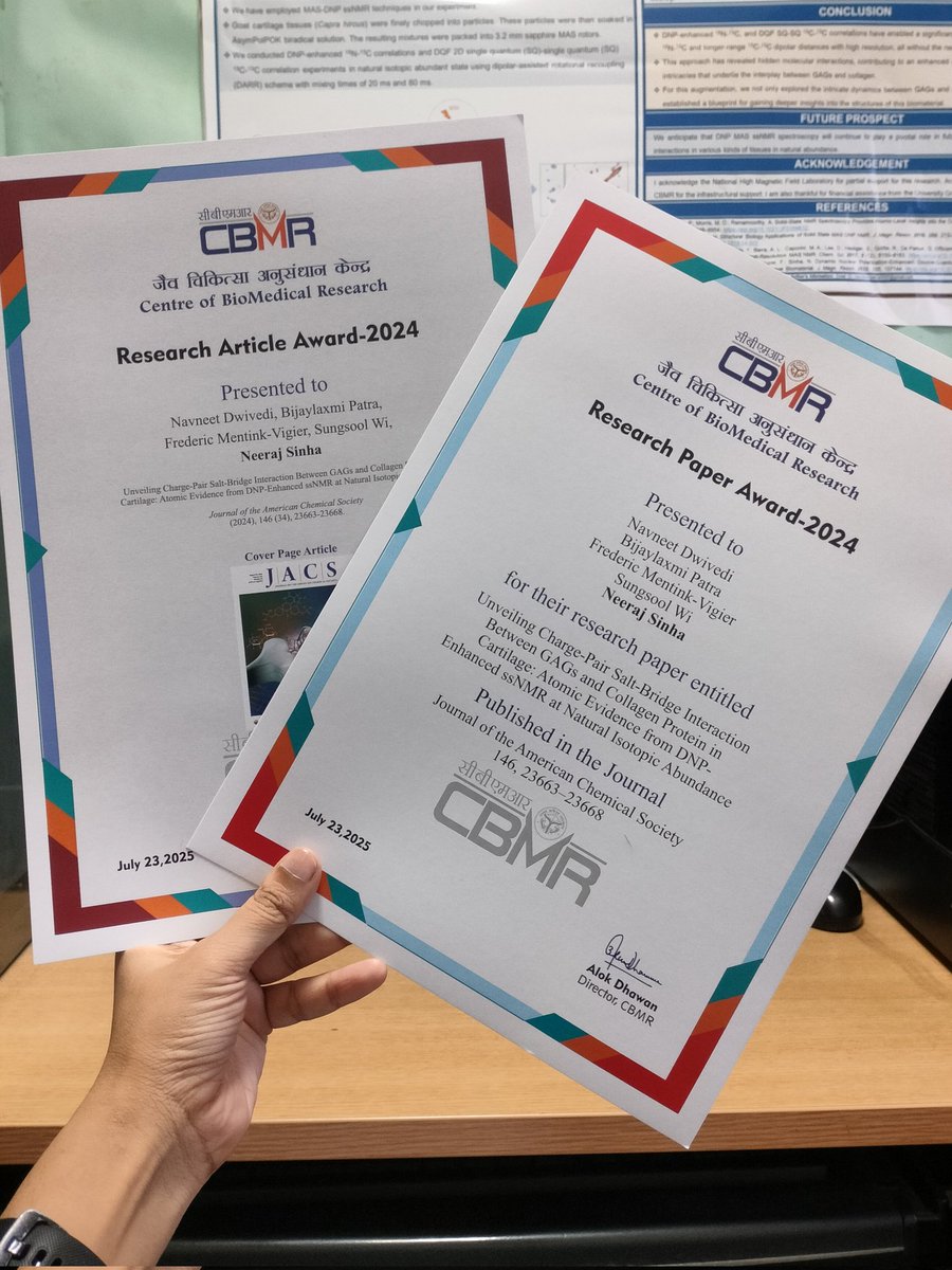 I am honoured to receive the "Best Research Paper Award and Cover Page Article Award" from <a href="/cbmrofficial/">Centre of BioMedical Research, Lucknow</a> on its 19th Annual Day. 🎉
Truly grateful to my co-authors <a href="/NeerajS13902691/">Professor Neeraj Sinha</a> , <a href="/DNPFred/">Frederic Mentink-Vigier</a> , <a href="/NDNavneet9/">Dr. Navneet Dwivedi</a> and Sungsool Wi for their incredible support.

<a href="/J_A_C_S/">J. Am. Chem. Soc.</a> #NMR #NMRchat