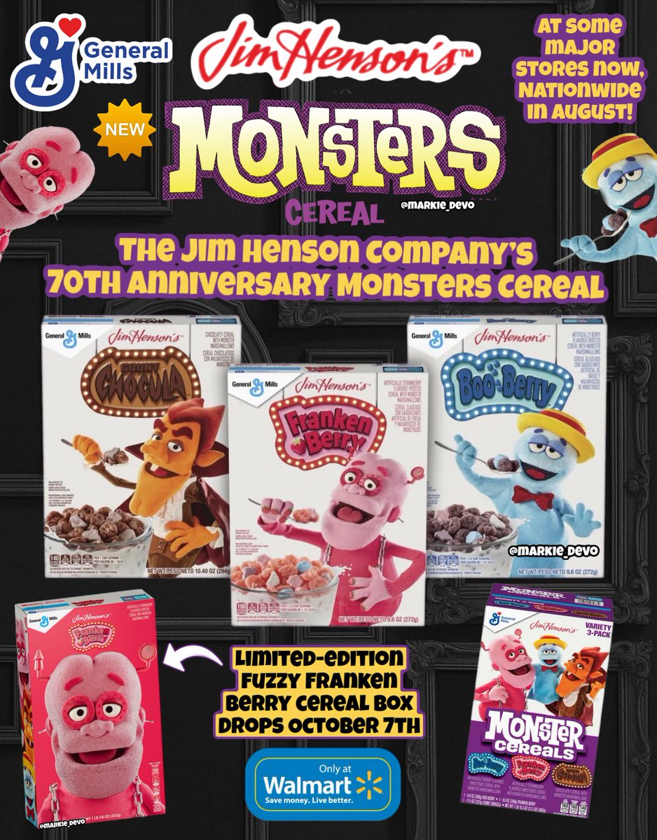 🛒The Monsters Cereal and The Jim
Henson Company Cereal collab is available at some stores now, nationwide in Aug.

📲Limited-edition fuzzy Franken Berry cereal box will be available exclusively online at Walmart. com starting October 7th(retail $7.70).

(General Mills Cereal)