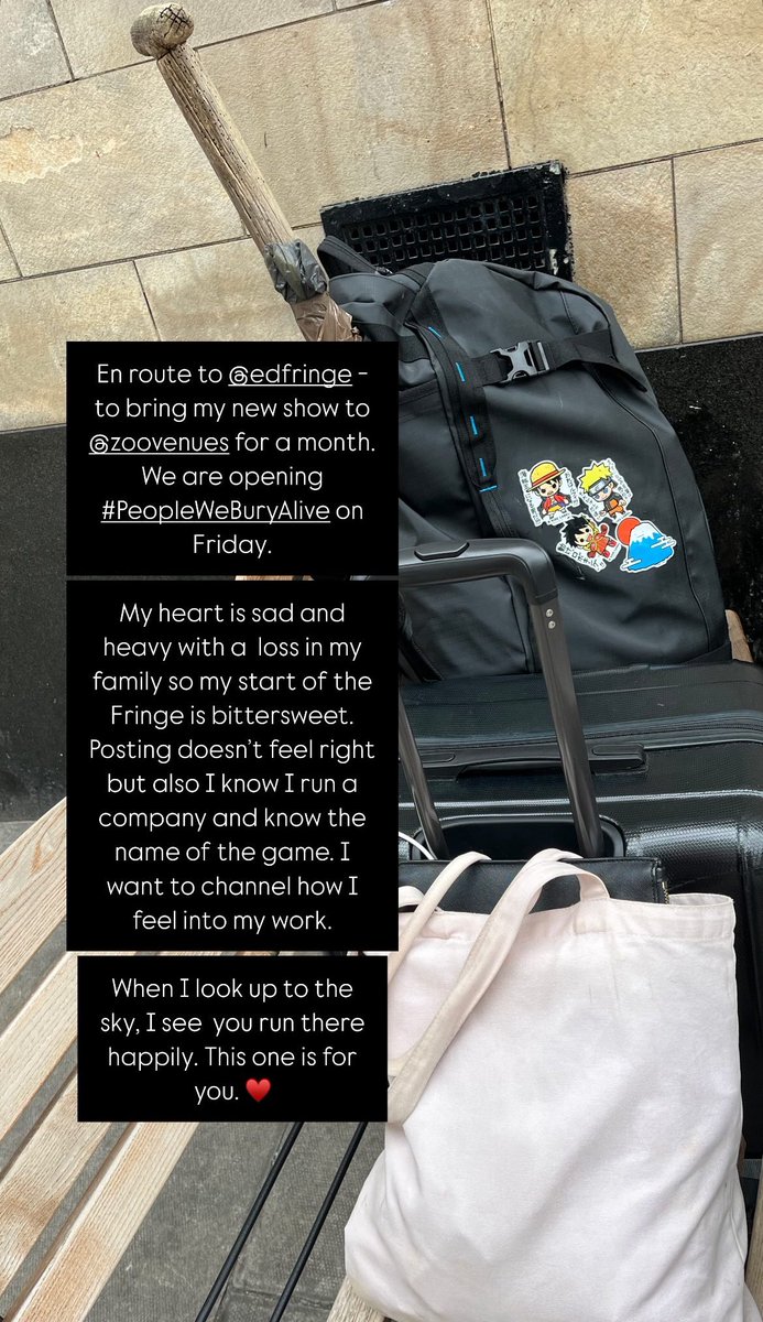 Anna Krauze | @edfringe 2025 (@krauze_anna) on Twitter photo En route to <a href="/edfringe/">Edinburgh Festival Fringe</a> to open #PeopleWeBuryAlive in a few days for a month. A very bittersweet start. Doing this one for you ♥️ #EdFringe25 #DareToDiscover En route to <a href="/edfringe/">Edinburgh Festival Fringe</a> to open #PeopleWeBuryAlive in a few days for a month. A very bittersweet start. Doing this one for you ♥️ #EdFringe25 #DareToDiscover