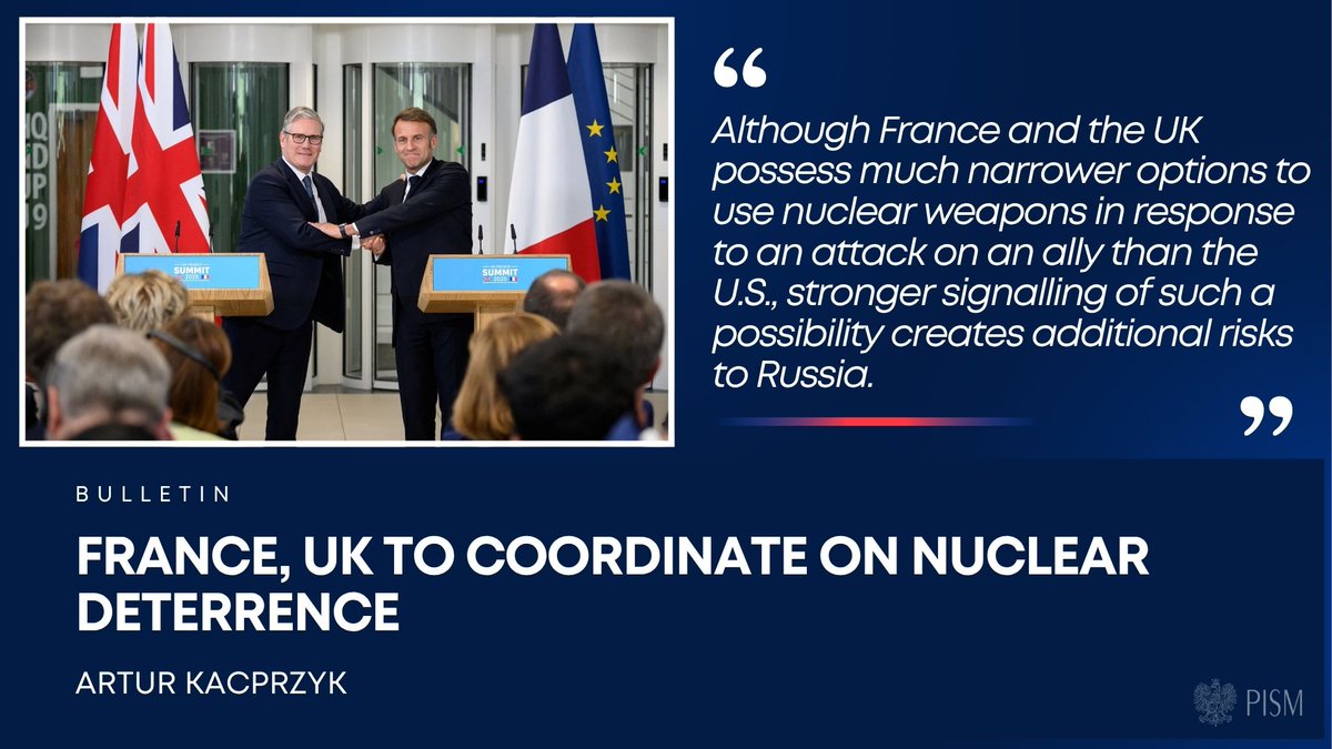 PISM (@pism_poland) on Twitter photo 🇫🇷-🇬🇧 coordination on nuclear forces may enhance the deterrence of another Russian aggression in Europe, supplementing US and NATO efforts. Further practical steps will be important in that regard - writes <a href="/ArturKacprzyk/">Artur Kacprzyk</a>
📎 pism.pl/publications/f… 🇫🇷-🇬🇧 coordination on nuclear forces may enhance the deterrence of another Russian aggression in Europe, supplementing US and NATO efforts. Further practical steps will be important in that regard - writes <a href="/ArturKacprzyk/">Artur Kacprzyk</a>
📎 pism.pl/publications/f…