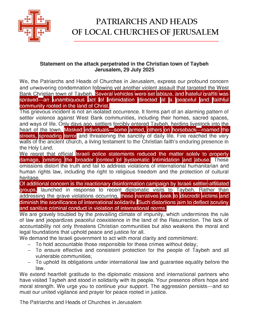 Prohlášení patriarchů a představitelů místních církví Jeruzaléma – Křesťané ve Svaté zemi v akutním nebezpečí