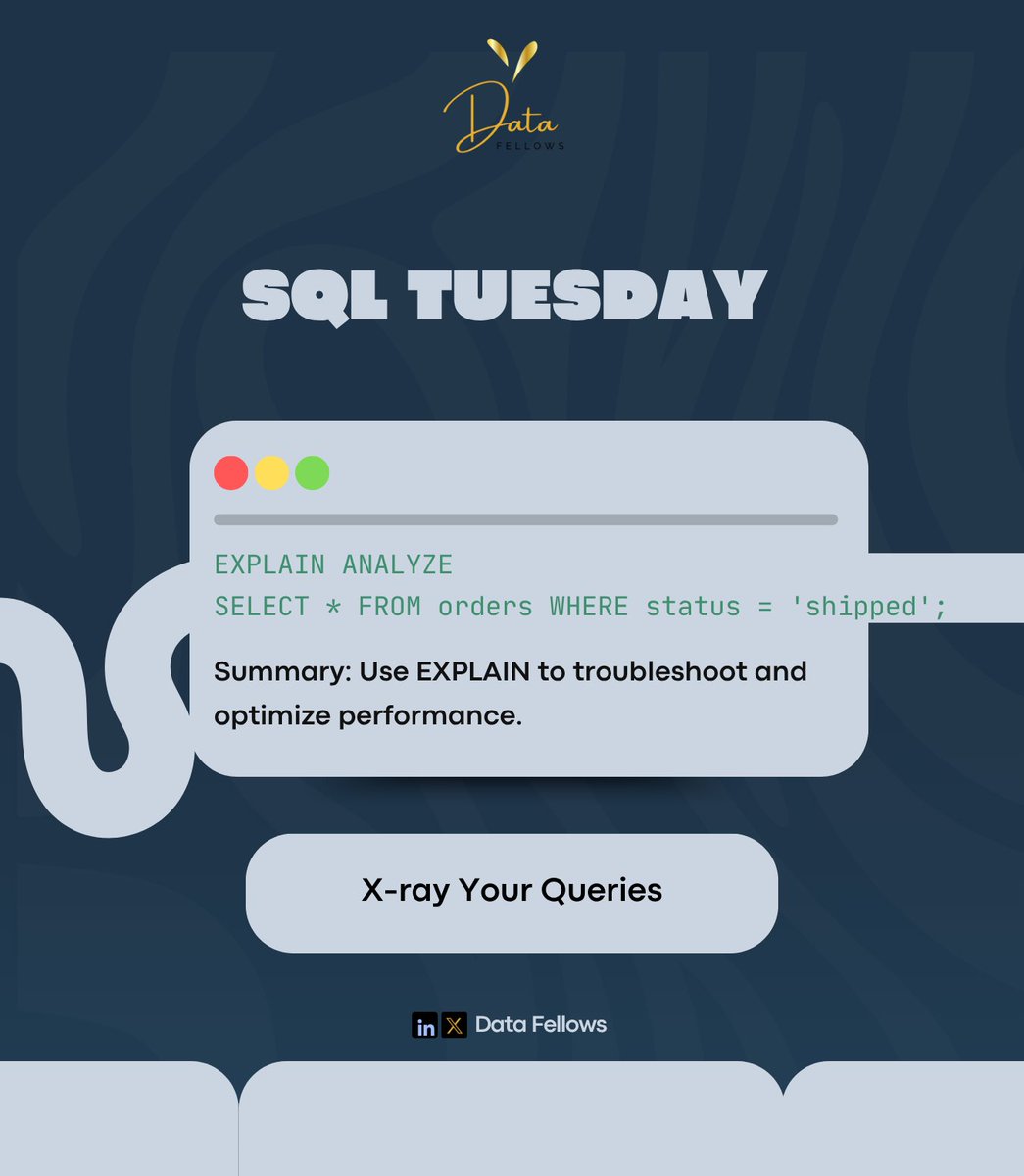 DatafellowsInfo's tweet image. Slow SQL queries?
Use EXPLAIN ANALYZE to debug and speed them up.
Think of it as an X-ray for your database 🩻

#SQLTuesday #DataFellows #QueryOptimization #TechTips