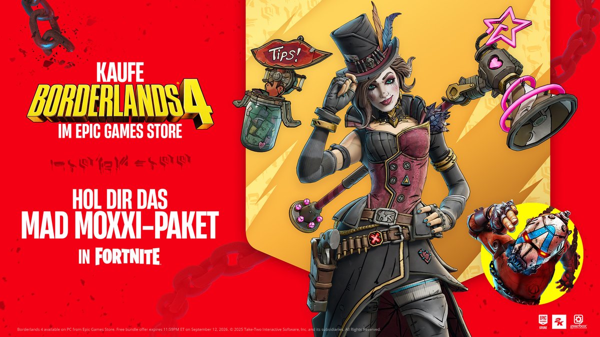 Epic Games Store DE (@epicgamesde) on Twitter photo Vergesst nicht, ein kleines Trinkgeld dazulassen. 💋
Bestellt jetzt <a href="/Borderlands/">Borderlands</a> 4 im Epic Games Store vor und ihr erhaltet das Paket rund um Mad Moxxi in <a href="/FortniteDE/">FortniteDE</a> sowie 20% in Form von Epic-Belohnungen zurück!
epic.gm/borderlands4 Vergesst nicht, ein kleines Trinkgeld dazulassen. 💋
Bestellt jetzt <a href="/Borderlands/">Borderlands</a> 4 im Epic Games Store vor und ihr erhaltet das Paket rund um Mad Moxxi in <a href="/FortniteDE/">FortniteDE</a> sowie 20% in Form von Epic-Belohnungen zurück!
epic.gm/borderlands4