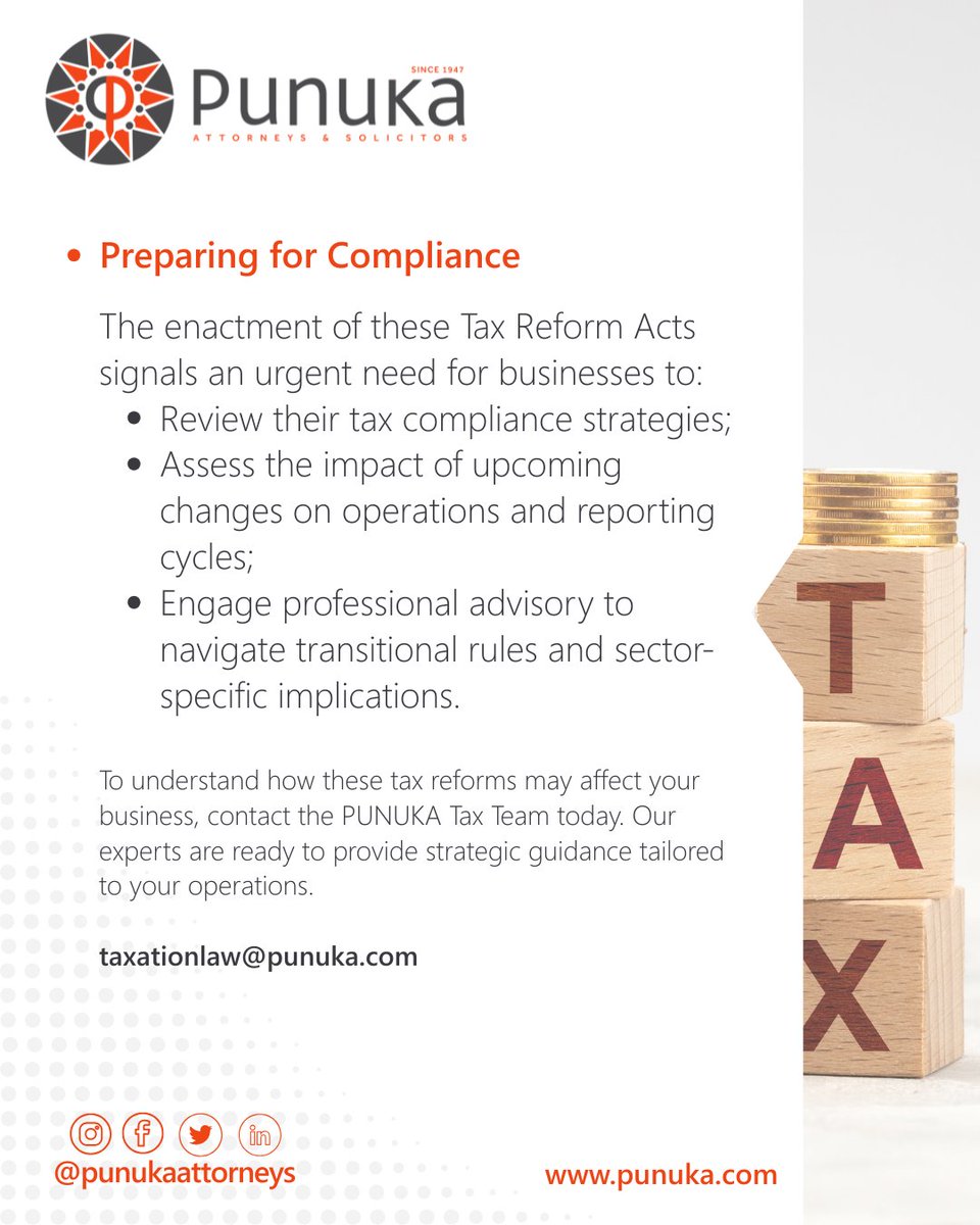 #TaxTuesday

Did you know about these major tax reforms enacted in Nigeria?

#PunukaTaxTuesday #TaxReform #Taxcompliance #Taxplanning #NigeriaNewTaxRegulation