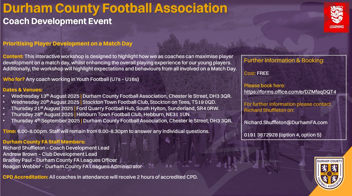 NEW Coach Development Workshops (Roadshow) | Prioritising Player Development on a Match Day.

🗓️ Various Dates (see image)

📍 Various Venues (see image)

Book here: forms.office.com/e/DZMfaqDQT4

⬇️⬇️⬇️