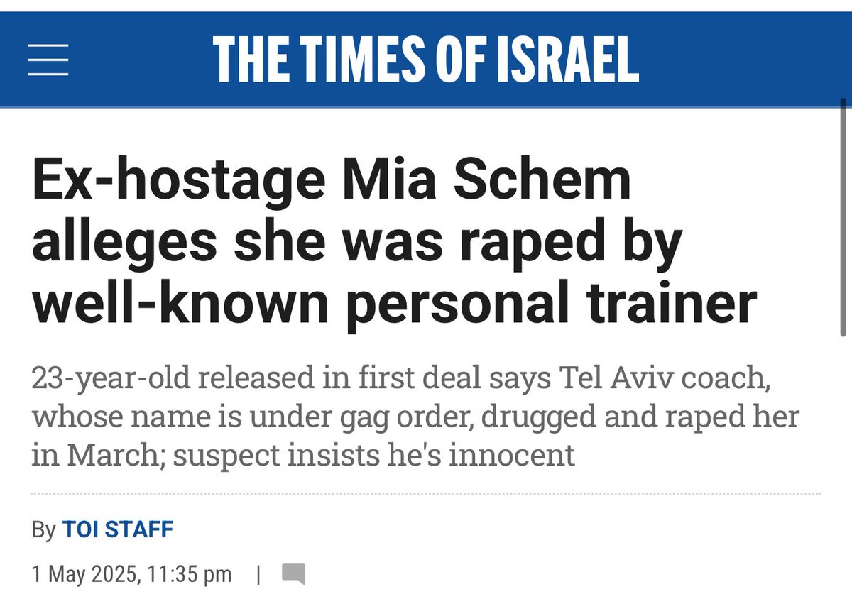 Joah (@0xjoah) on Twitter photo <a href="/NoaMagid/">נועה מגיד | Noa magid</a> If these three men raped women, bring the proof and I’ll be the first to help hunt them down. Justice should be swift and unforgiving.
Let’s talk about all rape though since your advocate. Mia Schem, a hostage turned survivor who says her Israeli trainer drugged and raped her <a href="/NoaMagid/">נועה מגיד | Noa magid</a> If these three men raped women, bring the proof and I’ll be the first to help hunt them down. Justice should be swift and unforgiving.
Let’s talk about all rape though since your advocate. Mia Schem, a hostage turned survivor who says her Israeli trainer drugged and raped her